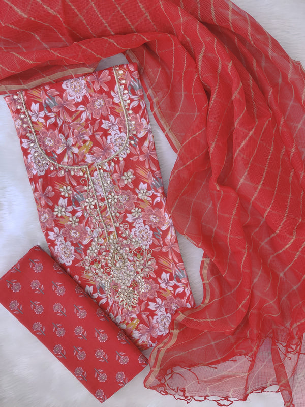 HANDBLOCK PRINTED GOTA PATTI NECK WORK SUITS WITH LEHRIYA KOTA DORIA DUPATTA