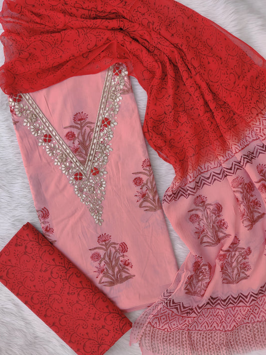 FLORAL PRINTED COTTON GOTA PATTI SUIT WITH CHIFFON DUPATTA