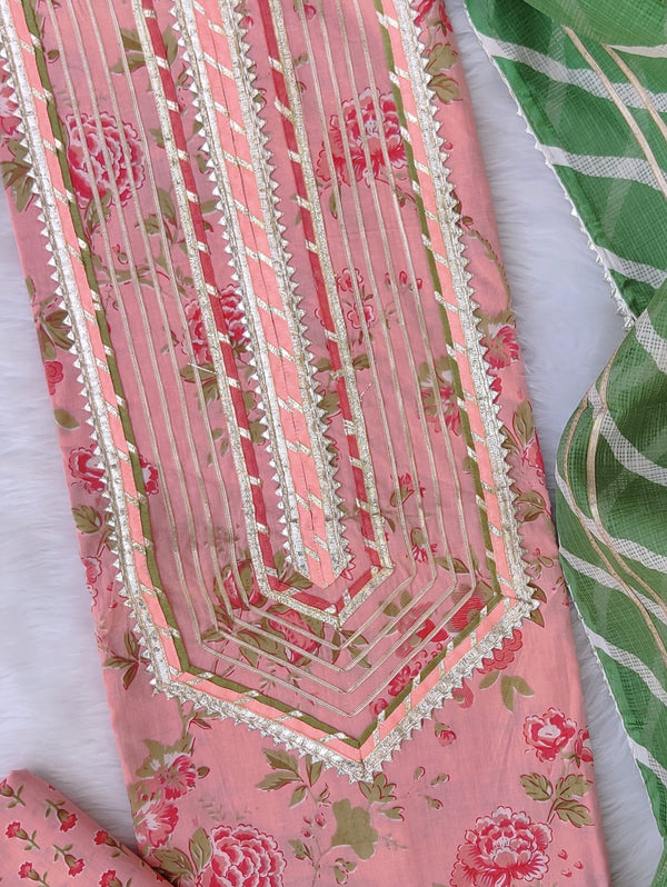 HANDBLOCK PRINTED GOTA PATTI LACE WORK SUITS WITH KOTA DORIA DUPATTA