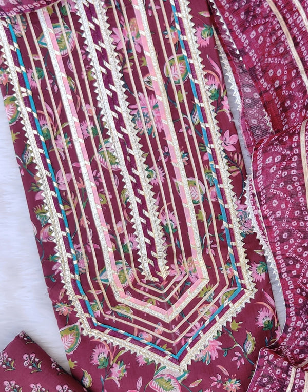 HANDBLOCK PRINTED GOTA PATTI LACE WORK SUITS WITH KOTA DORIA DUPATTA