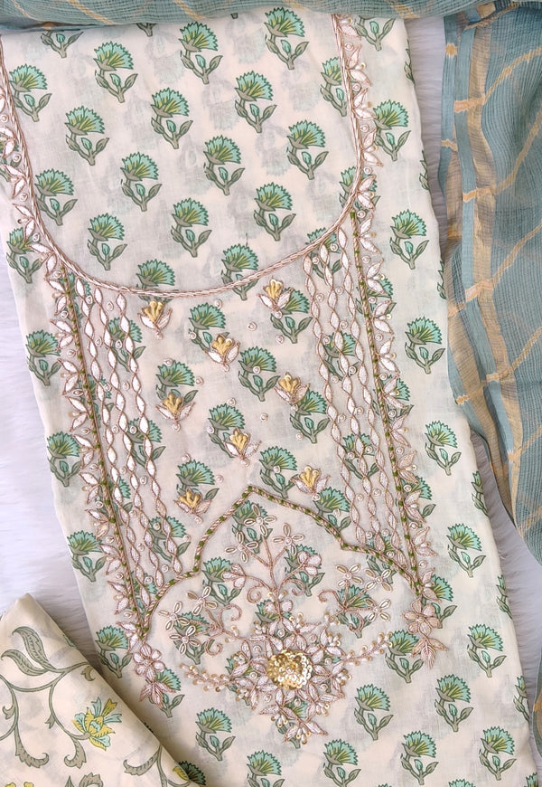 HANDBLOCK PRINTED GOTA PATTI NECK WORK SUITS WITH LEHRIYA KOTA DORIA DUPATTA