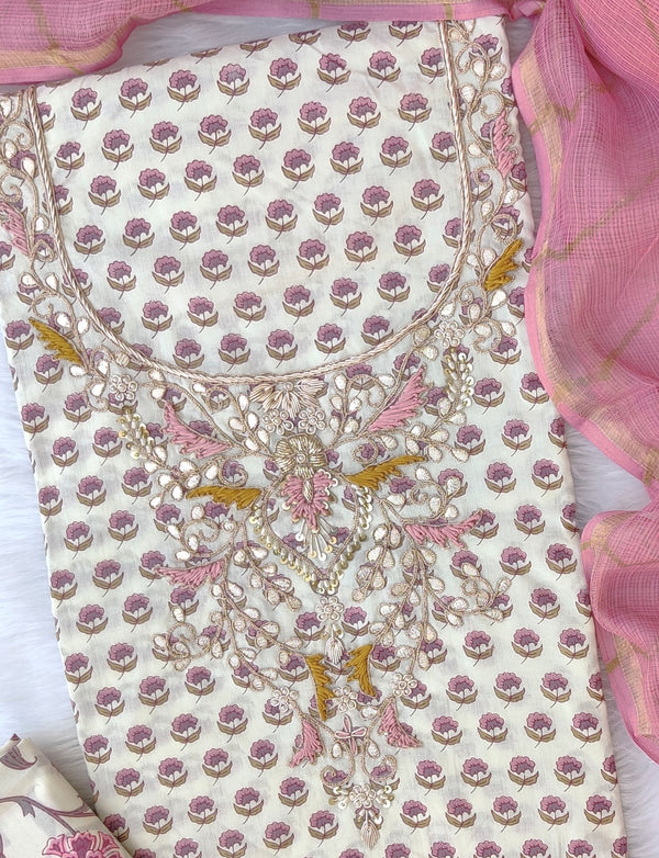 HANDBLOCK PRINTED GOTA PATTI NECK WORK SUITS WITH LEHRIYA KOTA DORIA DUPATTA