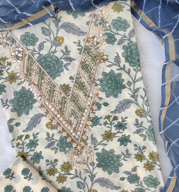 HANDBLOCK PRINTED GOTA PATTI NECK WORK SUITS WITH LEHRIYA KOTA DORIA DUPATTA