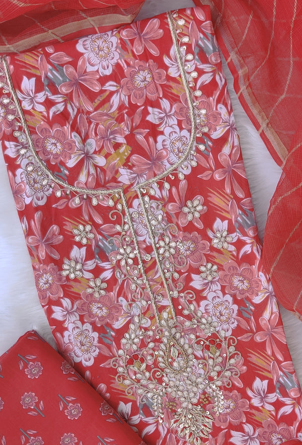 HANDBLOCK PRINTED GOTA PATTI NECK WORK SUITS WITH LEHRIYA KOTA DORIA DUPATTA