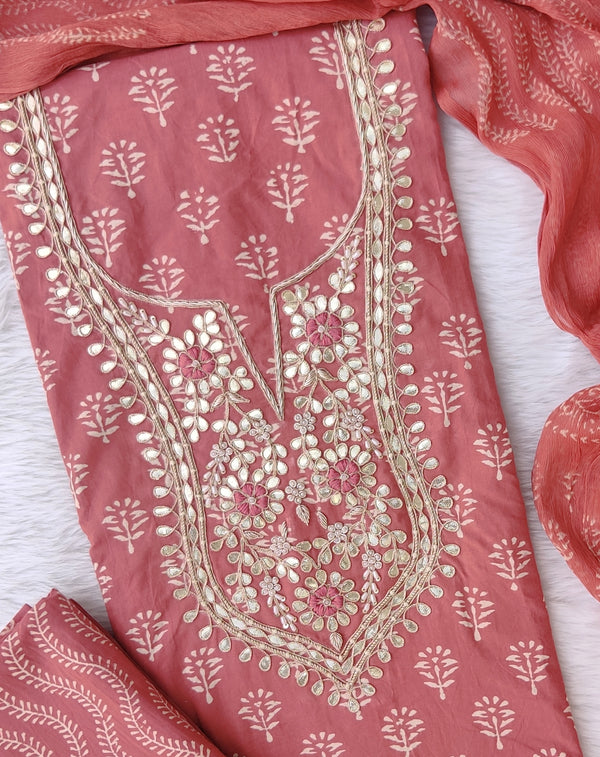 FLORAL PRINTED COTTON GOTA PATTI SUIT WITH CHIFFON DUPATTA