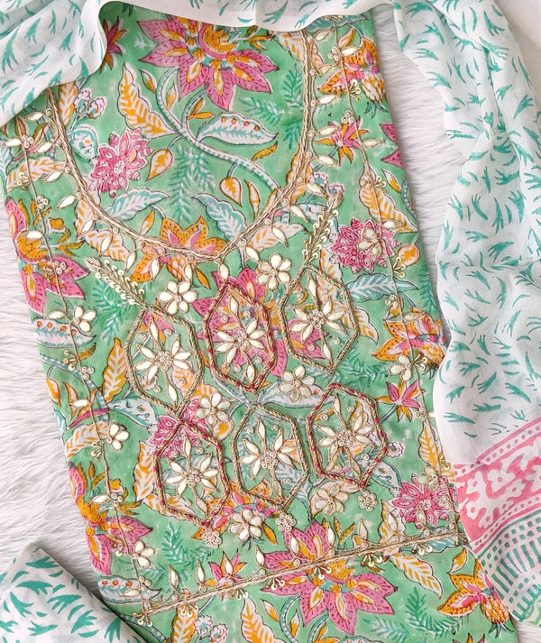 FLORAL PRINTED COTTON GOTA PATTI SUIT WITH COTTON DUPATTA