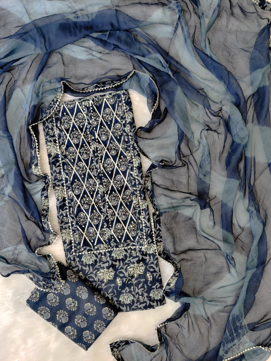 Cotton Printed Neck Work Suits with Chiffon dupatta