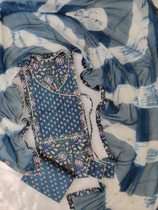 Cotton Printed Neck Work Suits with Chiffon dupatta