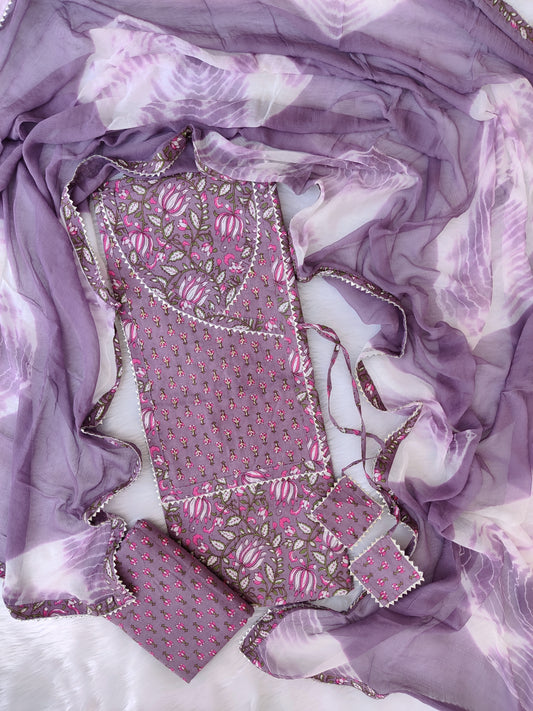 Cotton Printed Neck Work Suits with Chiffon dupatta