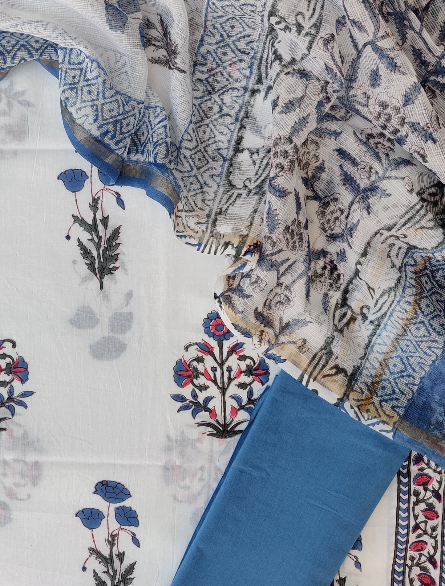 Hand Block Printed Cotton Suit with Cotton Kota Doria Dupatta