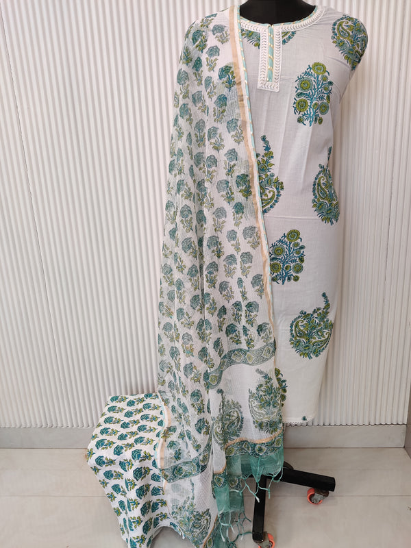 HANDBLOCK PRINTED NECK WORK SUITS WITH KOTA DORIA DUPATTA