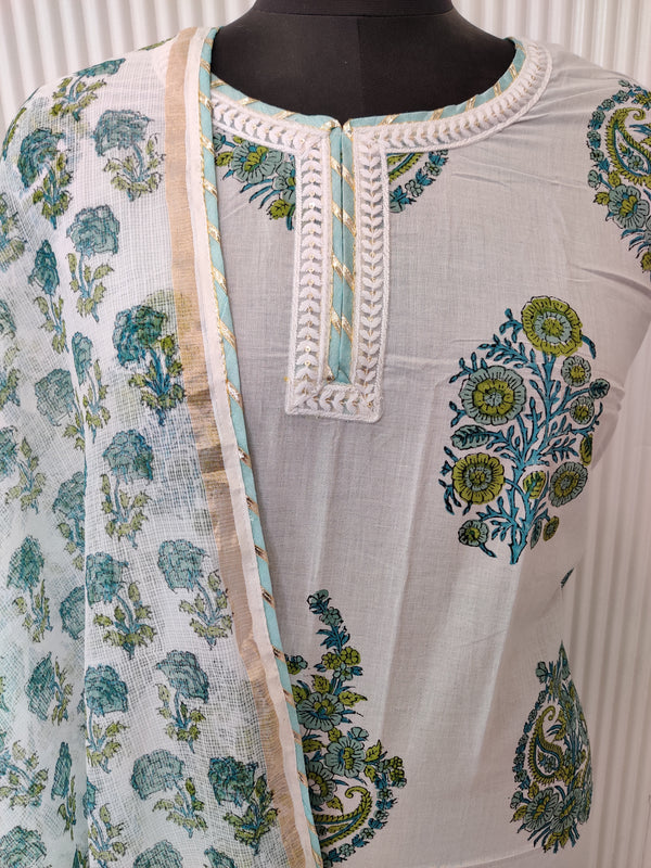 HANDBLOCK PRINTED NECK WORK SUITS WITH KOTA DORIA DUPATTA