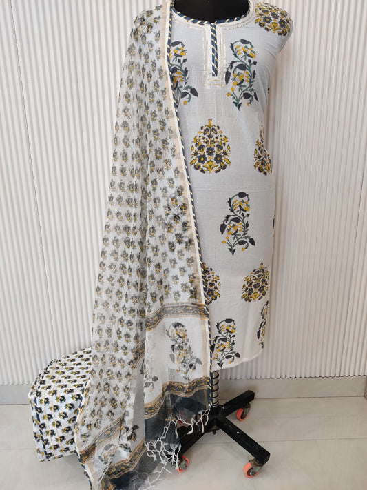 HANDBLOCK PRINTED NECK WORK SUITS WITH KOTA DORIA DUPATTA