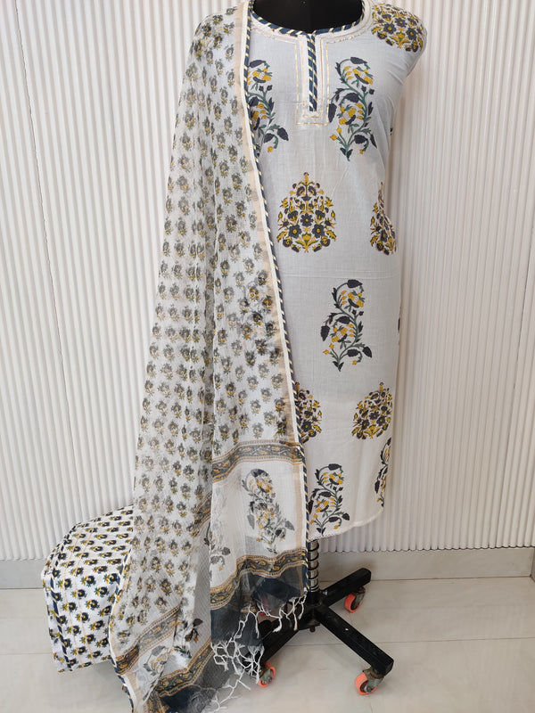HANDBLOCK PRINTED NECK WORK SUITS WITH KOTA DORIA DUPATTA