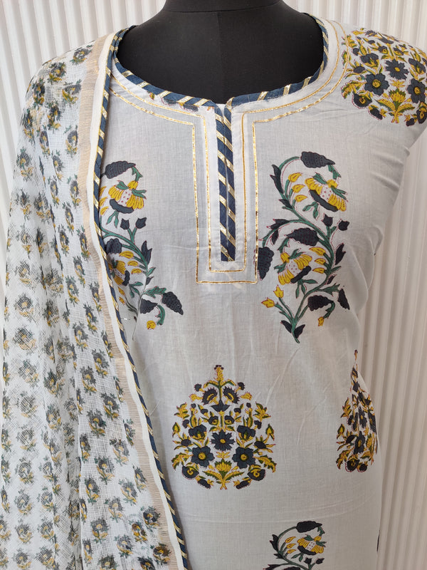 HANDBLOCK PRINTED NECK WORK SUITS WITH KOTA DORIA DUPATTA