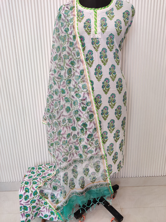 HANDBLOCK PRINTED NECK WORK SUITS WITH KOTA DORIA DUPATTA