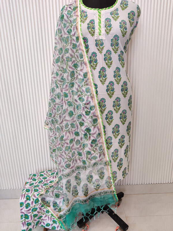 HANDBLOCK PRINTED NECK WORK SUITS WITH KOTA DORIA DUPATTA