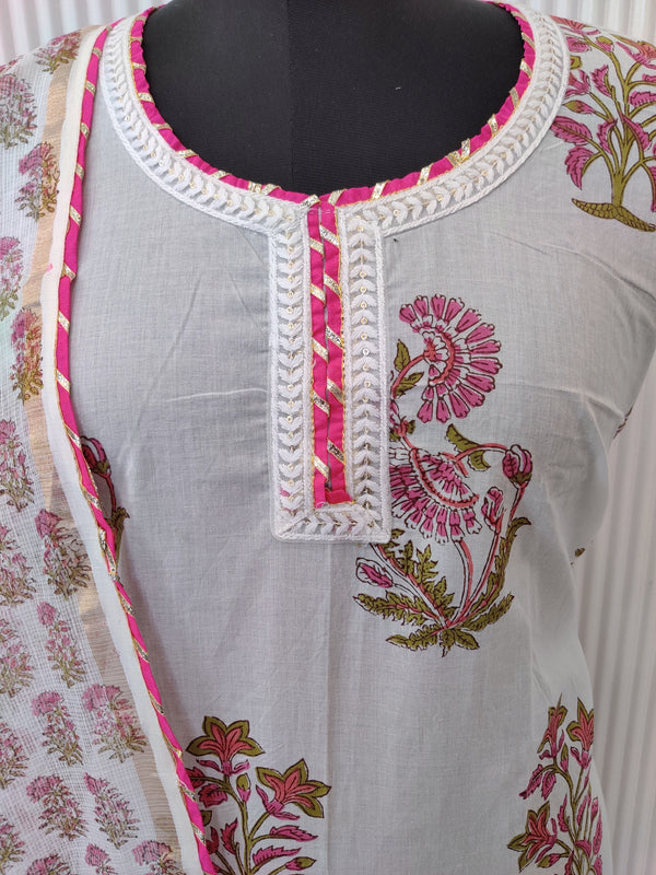 HANDBLOCK PRINTED NECK WORK SUITS WITH KOTA DORIA DUPATTA
