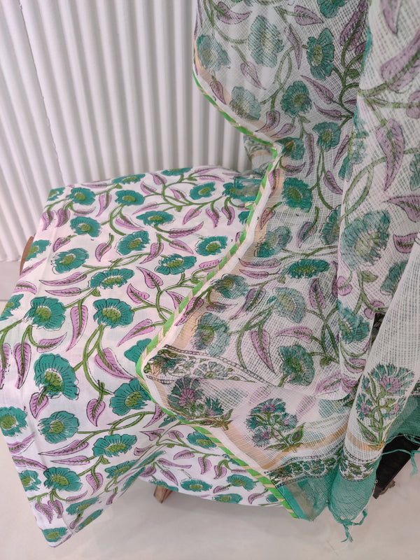 HANDBLOCK PRINTED NECK WORK SUITS WITH KOTA DORIA DUPATTA