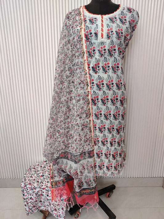 HANDBLOCK PRINTED NECK WORK SUITS WITH KOTA DORIA DUPATTA