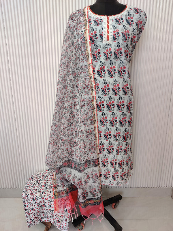 HANDBLOCK PRINTED NECK WORK SUITS WITH KOTA DORIA DUPATTA