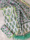 HANDBLOCK PRINTED NECK WORK SUITS WITH KOTA DORIA DUPATTA