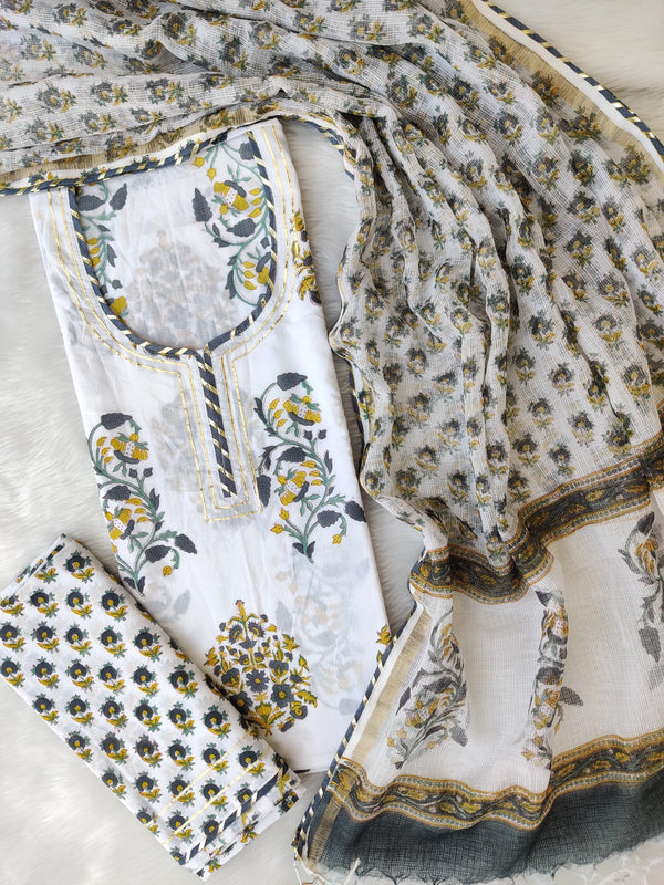 HANDBLOCK PRINTED NECK WORK SUITS WITH KOTA DORIA DUPATTA