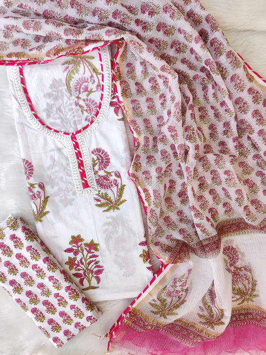 HANDBLOCK PRINTED NECK WORK SUITS WITH KOTA DORIA DUPATTA