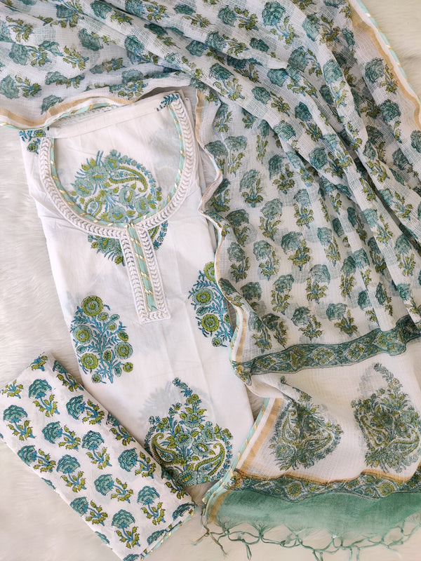 HANDBLOCK PRINTED NECK WORK SUITS WITH KOTA DORIA DUPATTA