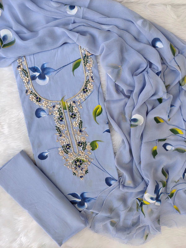 FLORAL PRINTED COTTON GOTA PATTI SUIT WITH CHIFFON DUPATTA