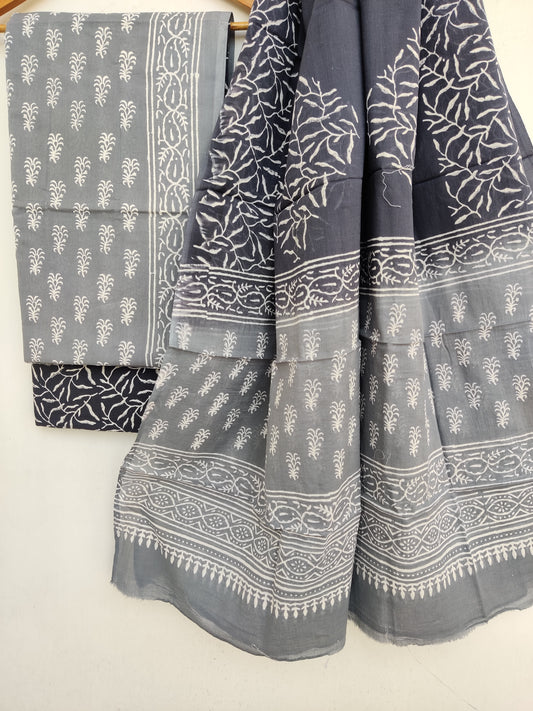 Hand Block Printed Cotton Suit With Mulmul Cotton Dupatta