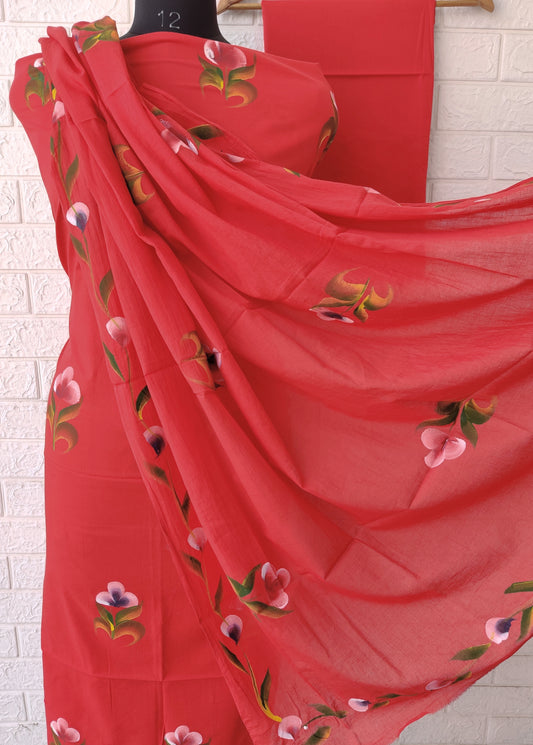 Hand Painted Cotton Suit With Mulmul Cotton Dupatta