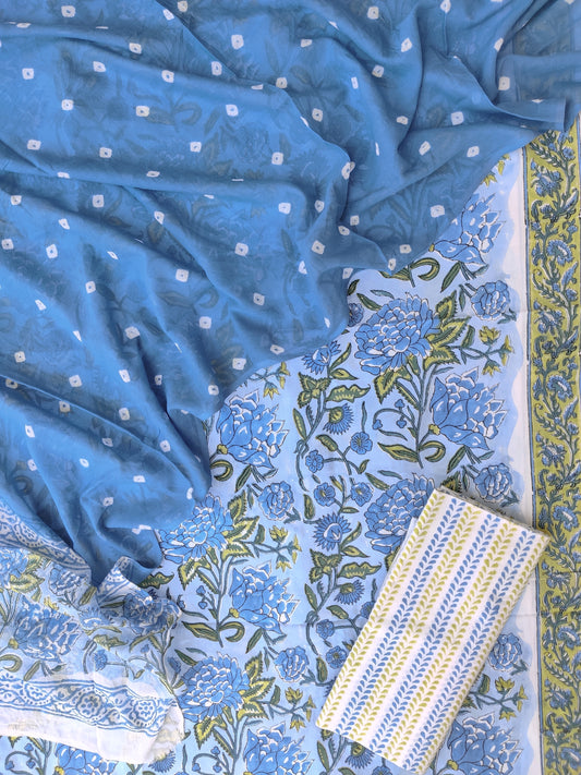 Hand Block Printed Cotton Suits with Mulmul Bandhej Dupatta