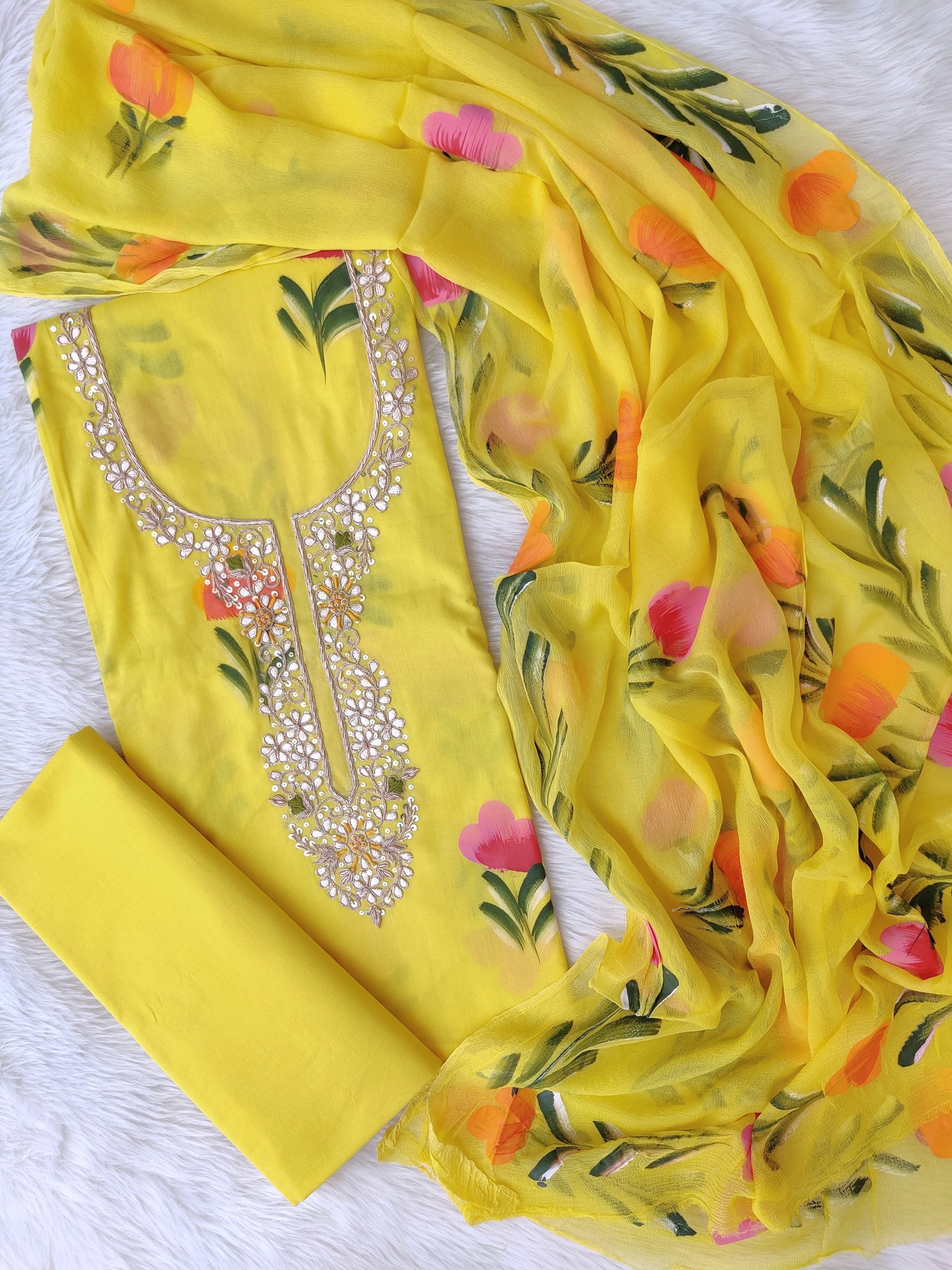 FLORAL PRINTED COTTON GOTA PATTI SUIT WITH CHIFFON DUPATTA