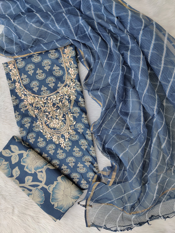 HANDBLOCK PRINTED GOTA PATTI NECK WORK SUITS WITH LEHRIYA KOTA DORIA DUPATTA