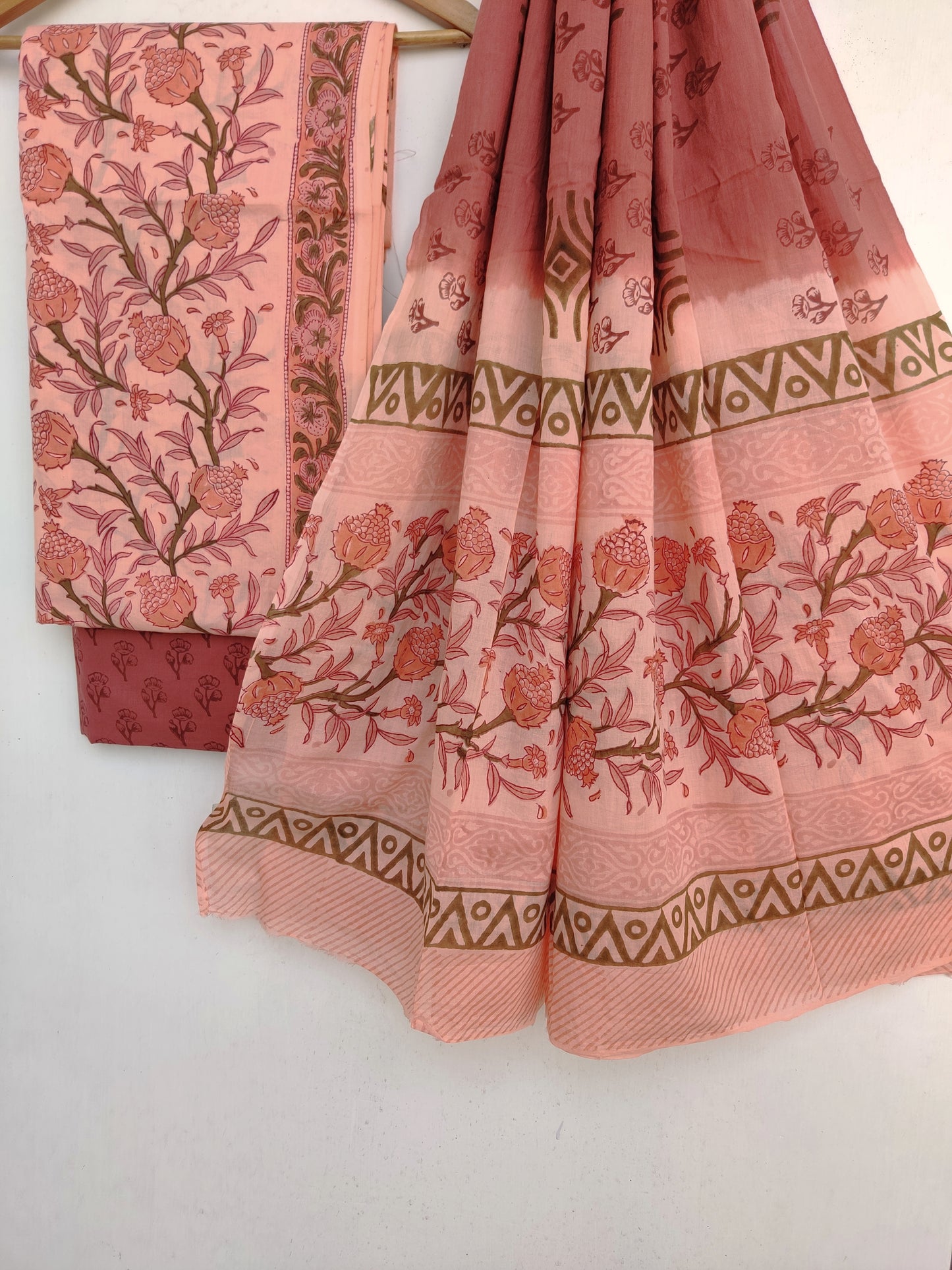 Hand Block Printed Cotton Suit With Mulmul Cotton Dupatta