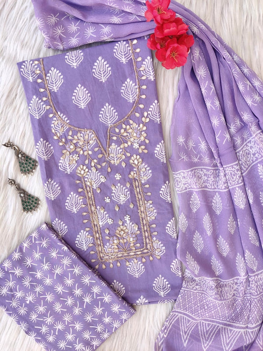 FLORAL PRINTED COTTON GOTA PATTI SUIT WITH CHIFFON DUPATTA