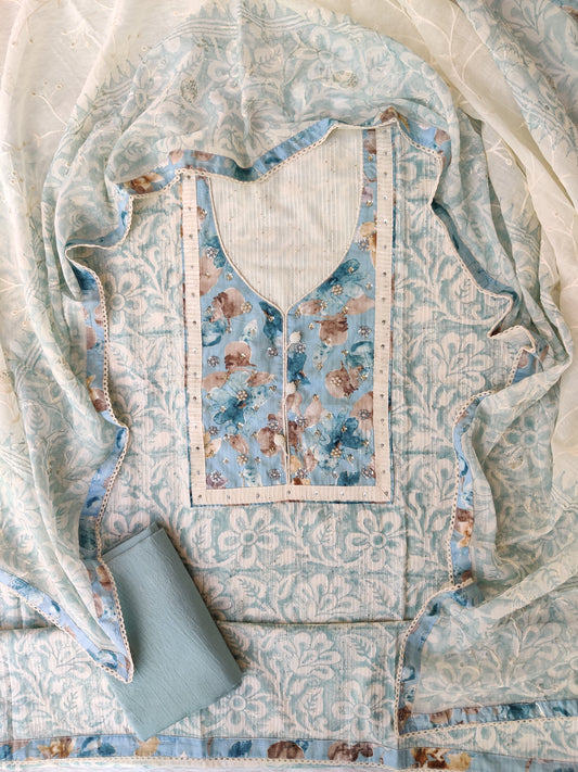 NEW LAUNCH            Exclusive Hand Block Printed Cotton Neck Work Suits with Embroidery mulmul Dupatta