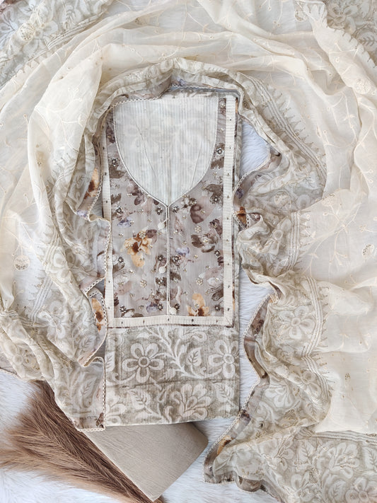 NEW LAUNCH            Exclusive Unstitched Cotton Neck Work Suits with Mulmul Dupatta