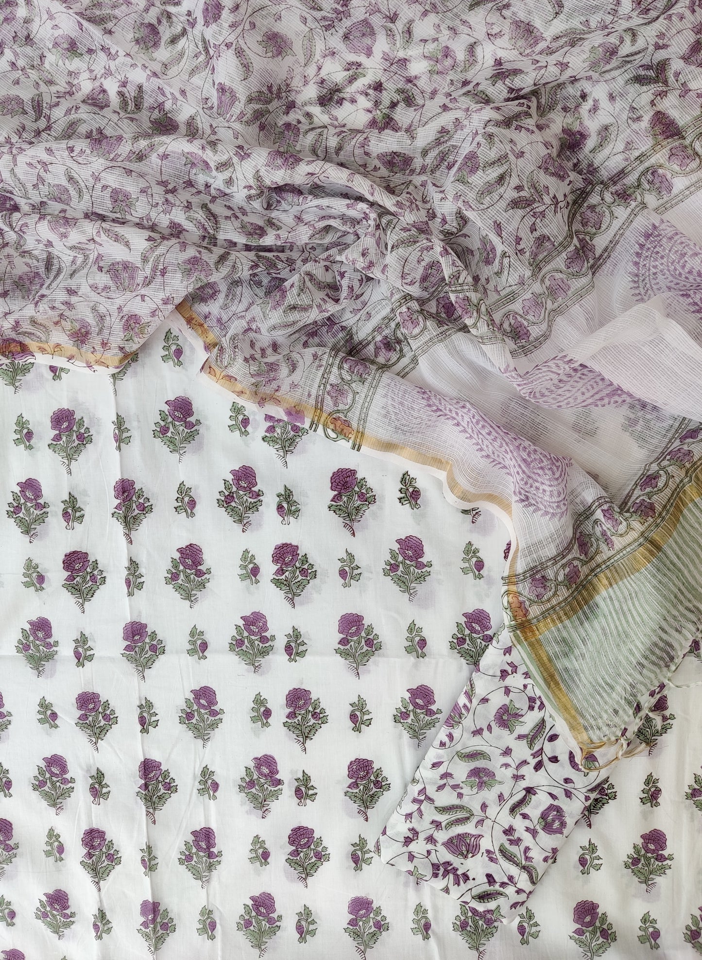 Hand Block Printed Cotton Suit with Cotton Kota Doria dupatta