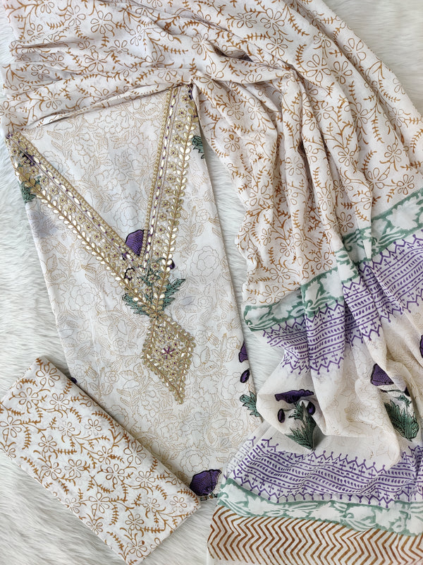 FLORAL PRINTED COTTON GOTA PATTI SUIT WITH COTTON DUPATTA