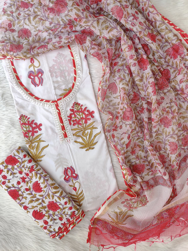 HANDBLOCK PRINTED NECK WORK SUITS WITH KOTA DORIA DUPATTA