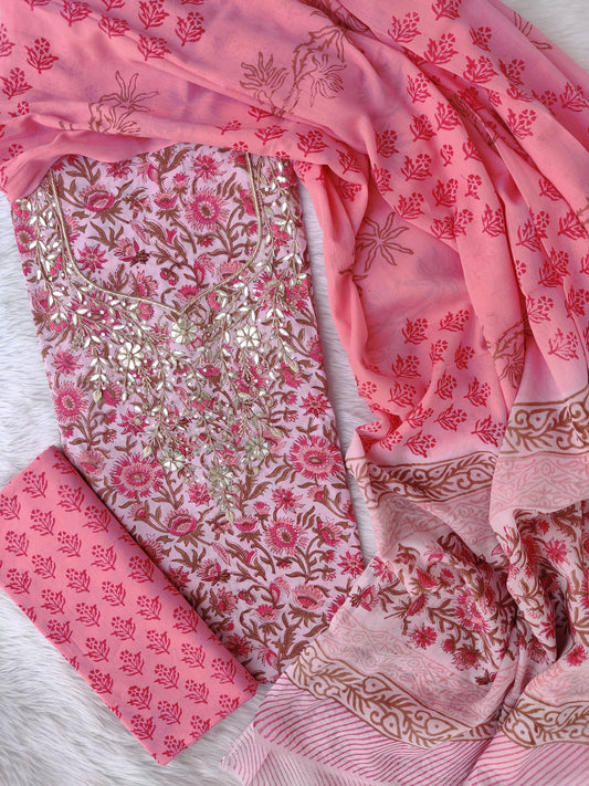 FLORAL PRINTED COTTON GOTA PATTI SUIT WITH COTTON DUPATTA