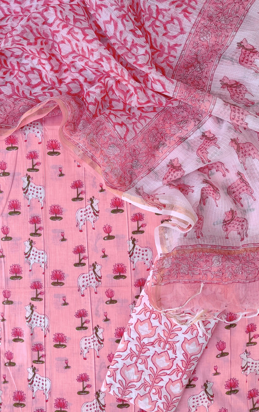 (PICHWAI) Jaipuri Printed Cotton Suit with Cotton Kota Doria dupattaa