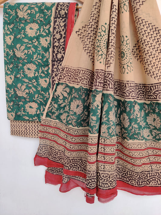 (KALAMKARI) Block Printed Cotton Suit with Mulmul dupatta
