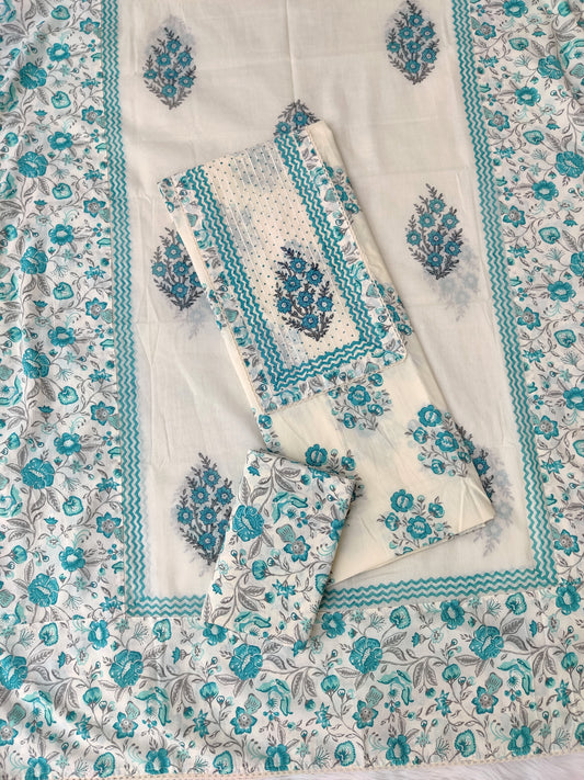 Exclusive Cotton Printed Neck Work Suits with mulmul dupatta
