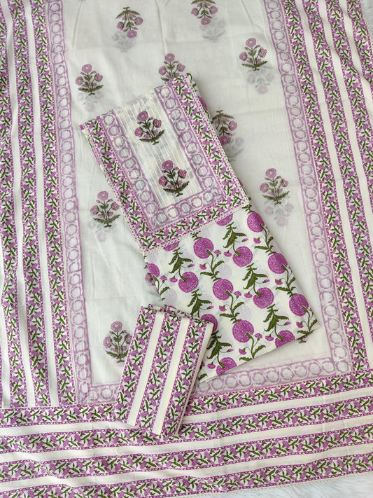 (NEW LAUNCH) Exclusive Cotton Printed Neck Work Suits with mulmul dupatta