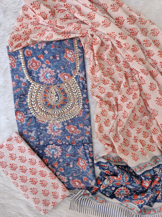 FLORAL PRINTED COTTON GOTA PATTI SUIT WITH COTTON DUPATTA