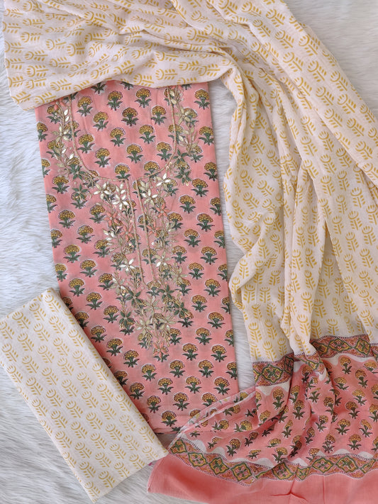 FLORAL PRINTED COTTON GOTA PATTI SUIT WITH COTTON DUPATTA