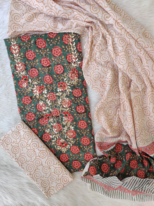 FLORAL PRINTED COTTON GOTA PATTI SUIT WITH COTTON DUPATTA